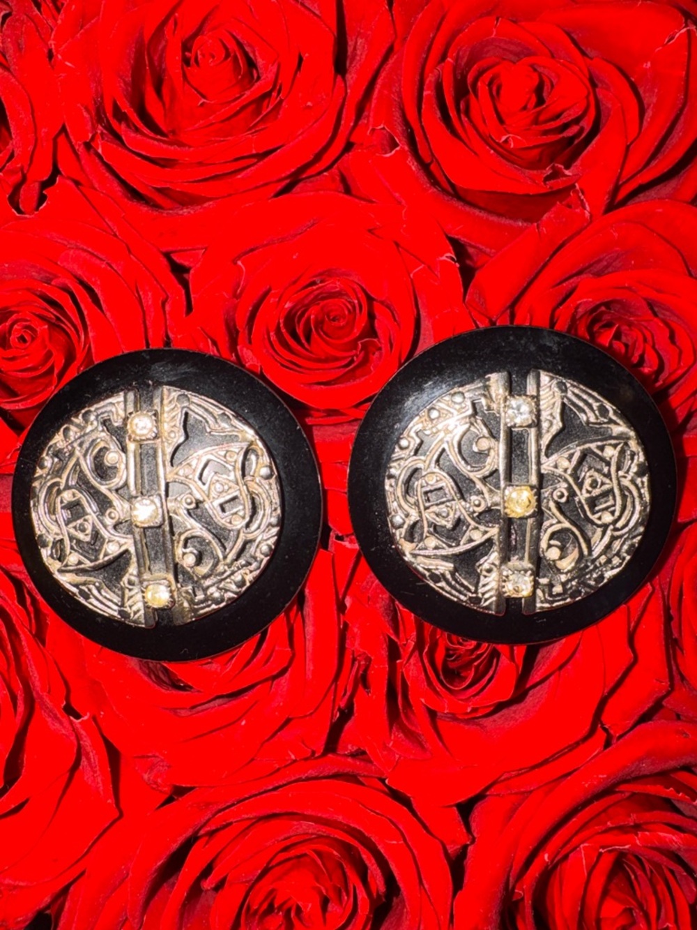 Vintage 80s Art Deco Revival Statement Earrings Black Disc Rhinestone